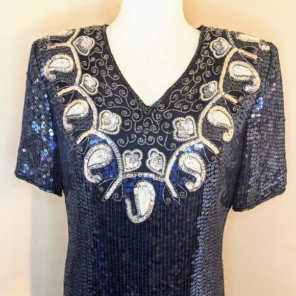 Vintage Silk Sequinned Blue Iridescent Cocktail Dress - Picture 3 of 11